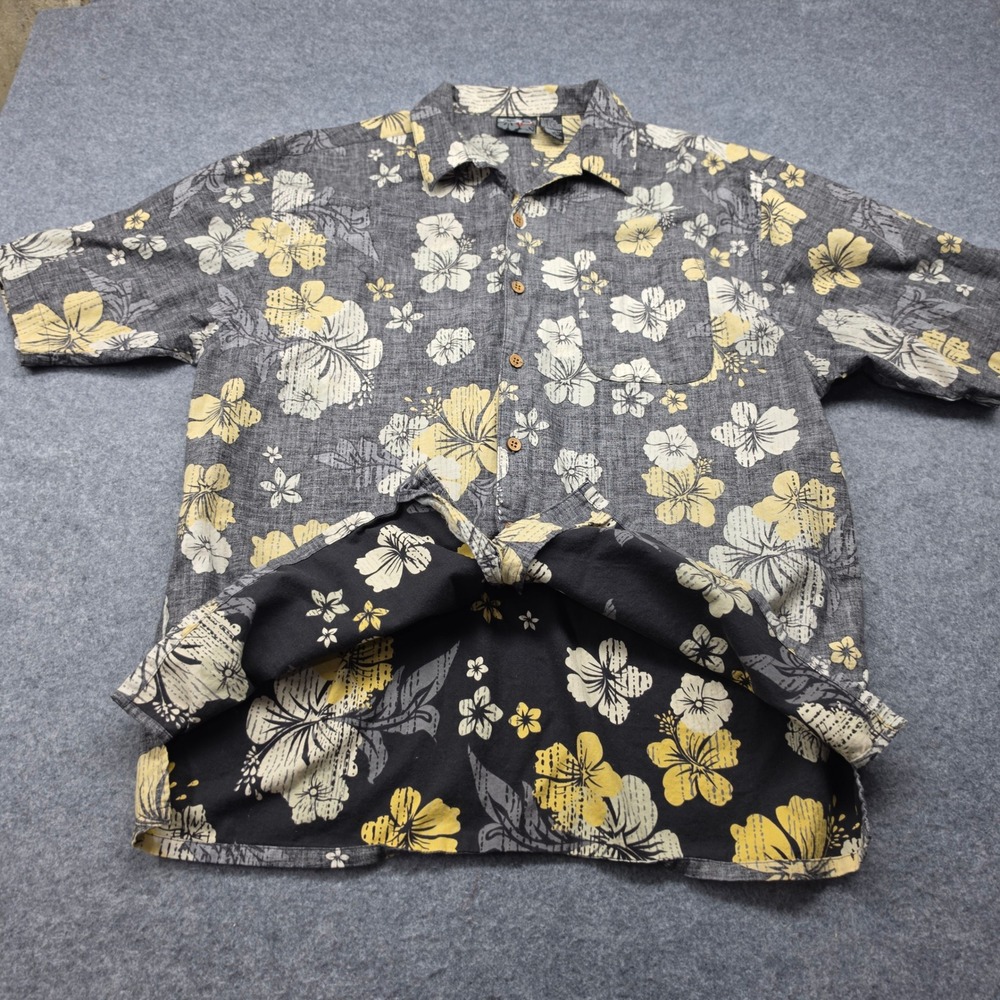 Paradise Found Mens Floral Button Down Shirt Grey Yellow Short Sleeve XL